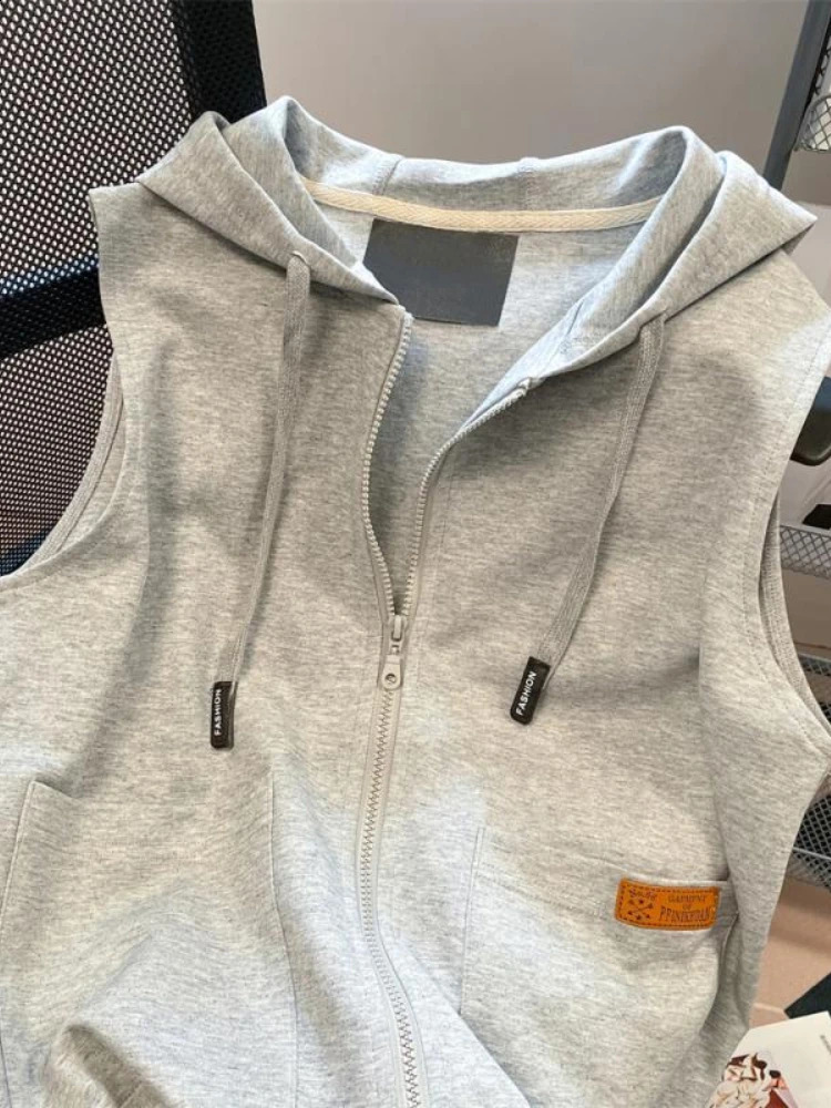 Preppy Style Hoodies Solid Color Pockets Zipper Sleeveless Vests Sweatshirts Simple Plus Size All Match Vintage Women Clothing 240812