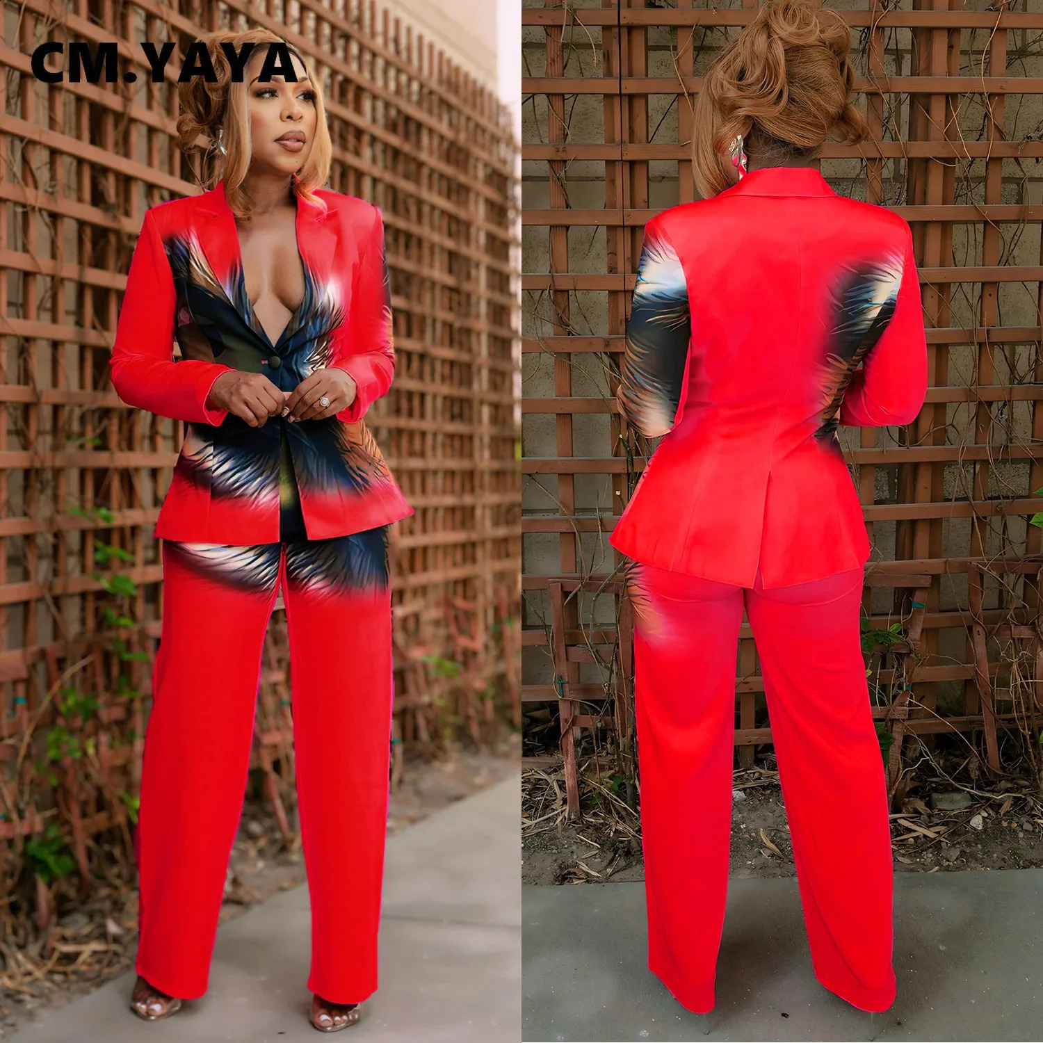 CM YAYA Elegant Full Set Printed Sports JacketWide Leg Pants Two Piece Womens Classic OL Street Clothing Song 240812
