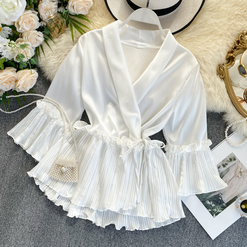 Blouse V-neck 3 4 flared sleeves waistband tied slimming pleats ruffled edges one piece shirt top