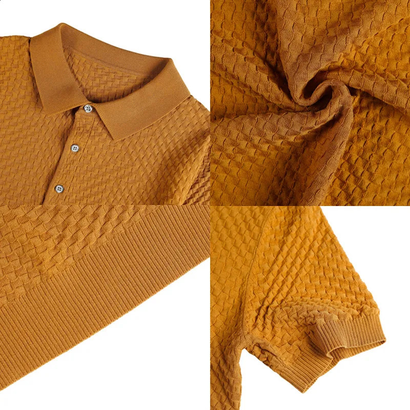 Mens Waffle Knit Polo Shirt -Short Sleeves Top Quality Knitted Polo ShirtsMale Slim Fit Plaid Leisure Golf Shirts Tops Tees 240813