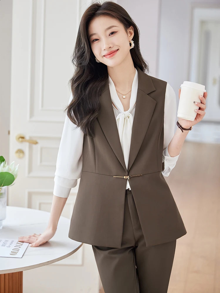 Black coffee almond vest and pants set womens sleeveless jacket Trouser twopiece office business workwear 240812