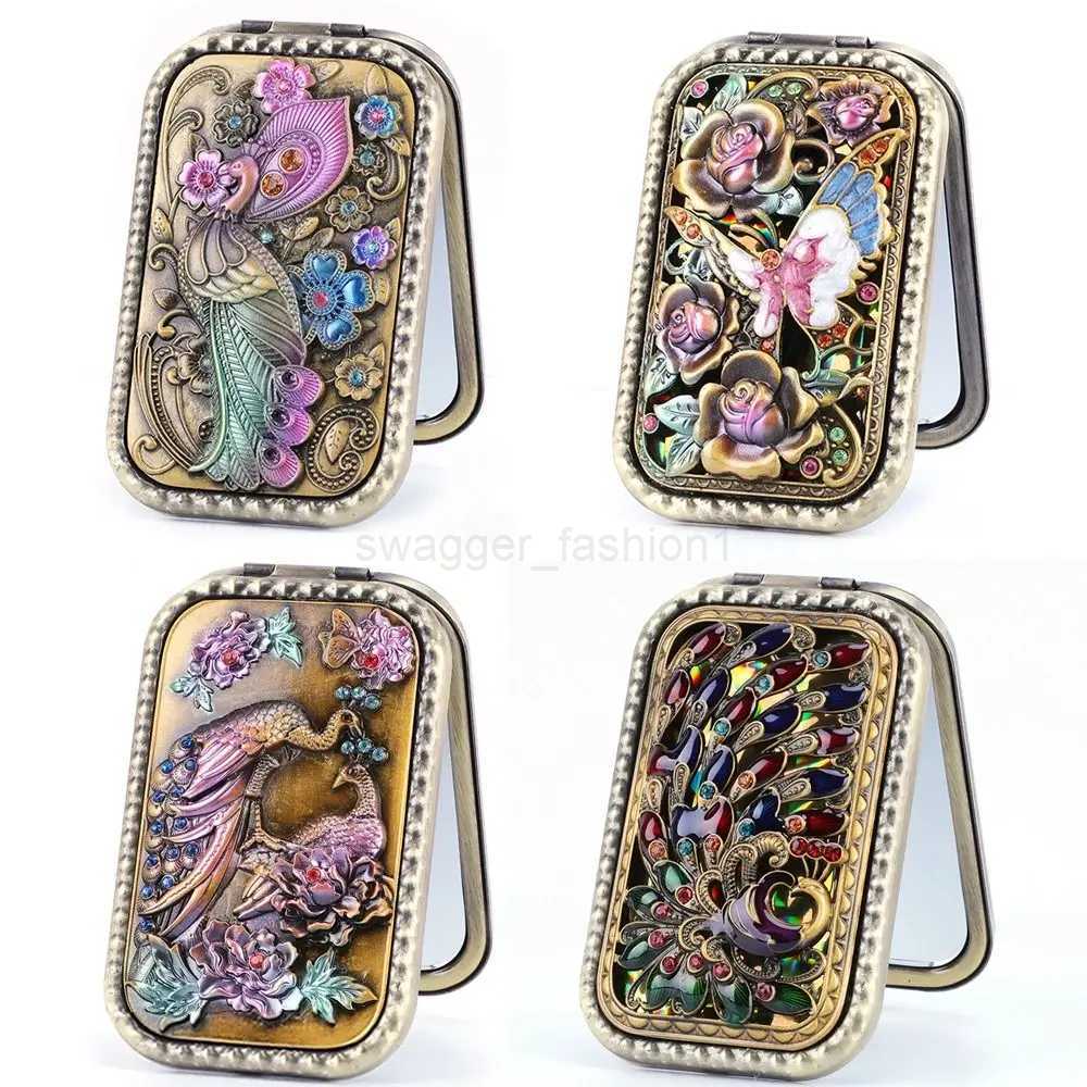 European Retro Metal Small Mirror Pocket Folding Double Sided Makeup Mirror Rectangular Mirror Dressing Gift MirrorXJ240813