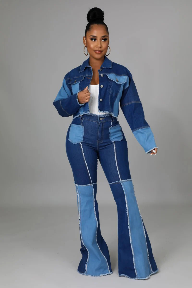 Womens Matching Set Denim Patchwork Vintage Short Jacket and Flare Pant Two Piece Set Outfit Autumn Casual Y2K Fashion Sets 240813