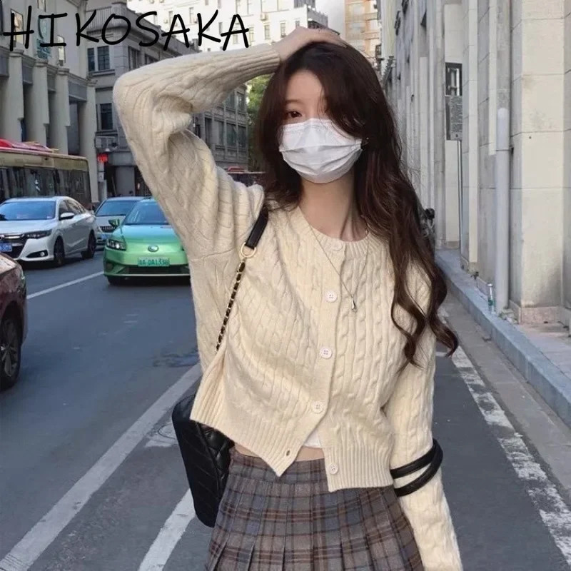 Korean Fresh Chic Solid Cable Knit Sweaters Women Preppy Style All-match Long Sleeve Cardigan O-neck Single Breasted Jumper 240812