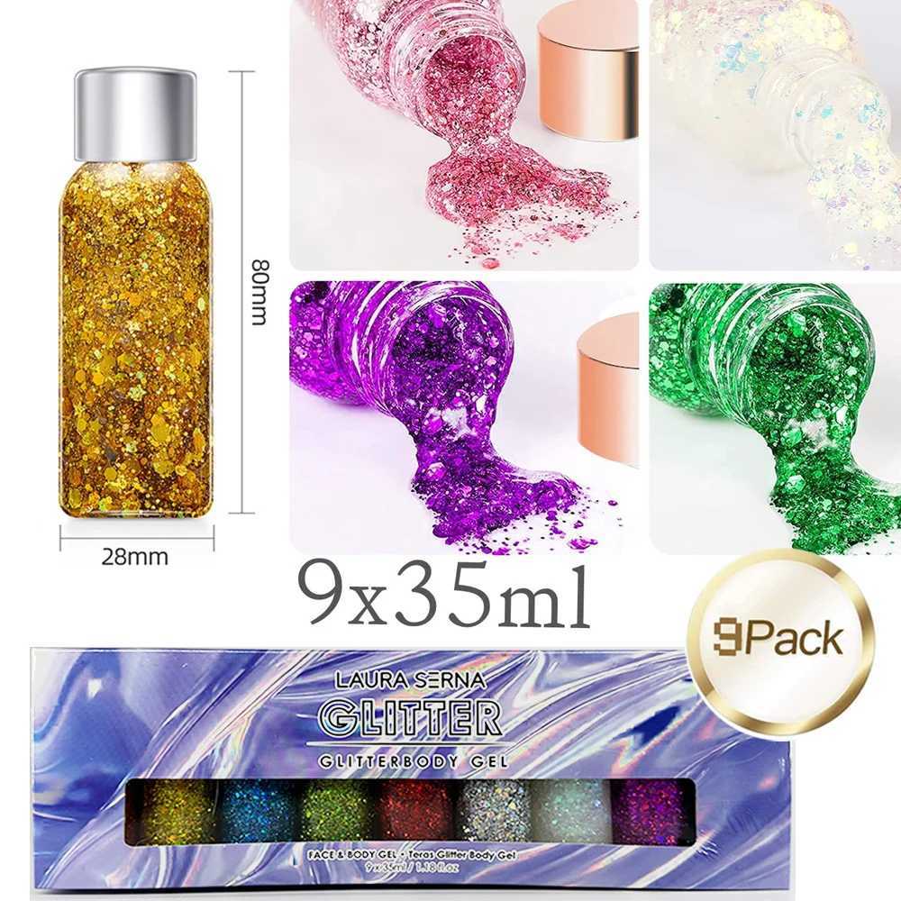 9 packs of facial glitter gel mermaid sequins block flash stick makeup lip hair eye shadow body glitter glue party makeup W240812