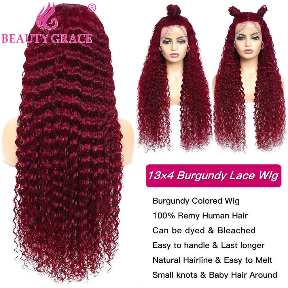 13X4 Deep Wave HD Transparent 99J Front Wigs 28 Inch Lace Frontal Prepluck Human Hair Wig