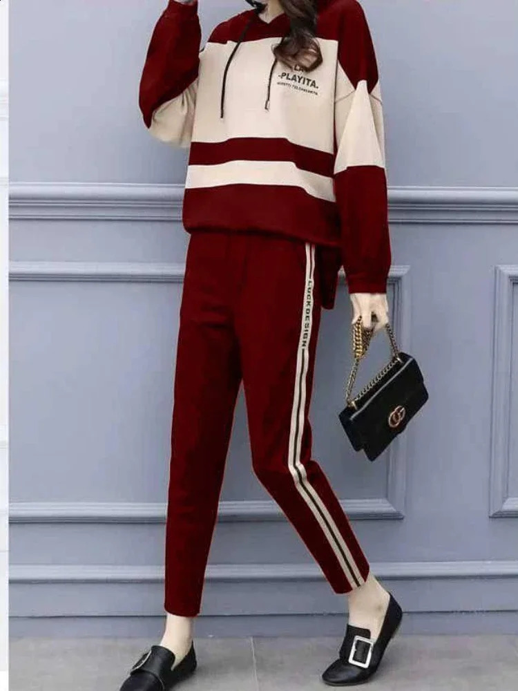 Autumn Winter 2 Piece Set Tracksuit Women Sportwear Hoodies Pullover Sweatshirts Pants Warm Outfits Sport Clothes Training Suit 240809