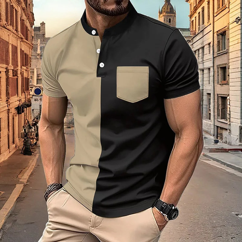 Mens Short sleeved Polo Shirt 2024 Summer Classic Pocket Fashion Panel Henley Shirt Mens Casual Polo Shirt 240813