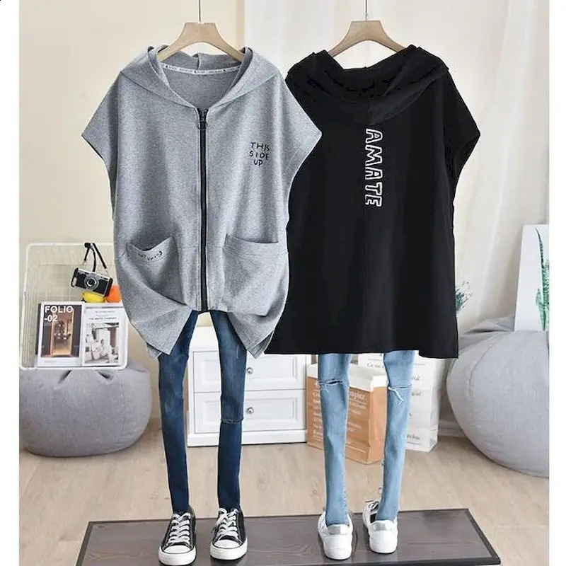 Oversized Hoodies Women Autumn Spring Loose Thin Simple Vest Cardigan Zipper Sleeveless Hooded Vest Jackets Womens Casual Tops 240812