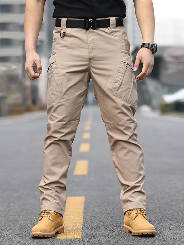 Trendy Elastic Waist Lace Cargo Pants American Style Casual Straight Mens Loose Solid Multi Pocket 240812