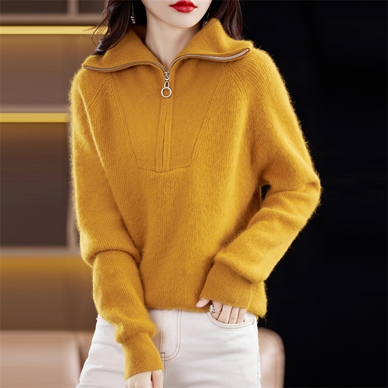 Lapel mink cashmere womens autumn and winter thick sweater loose half zip lazy knit pullover top 240812