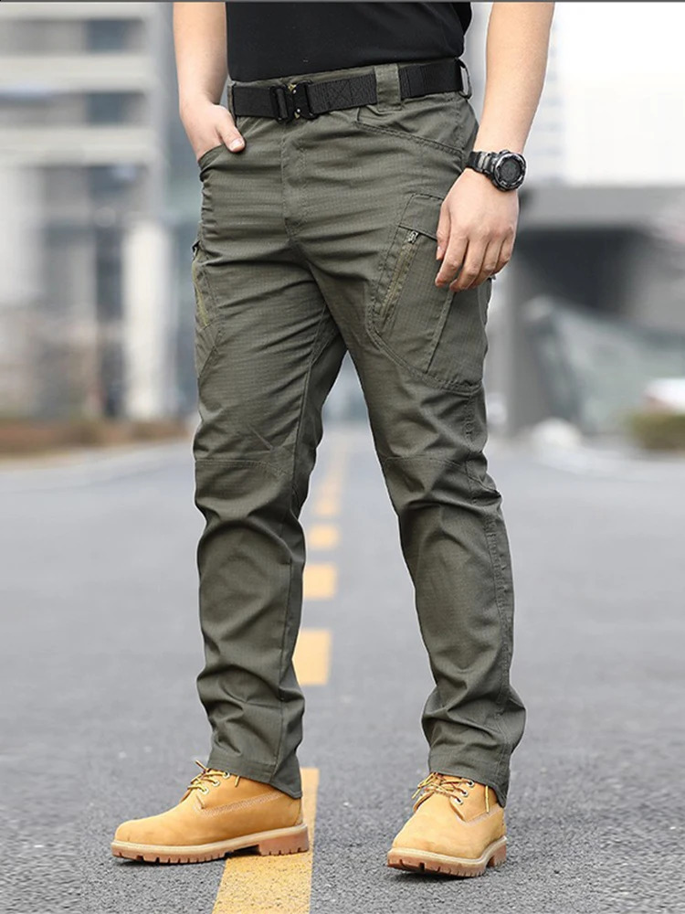 Trendy Elastic Waist Lace Cargo Pants American Style Casual Straight Mens Loose Solid Multi Pocket 240812
