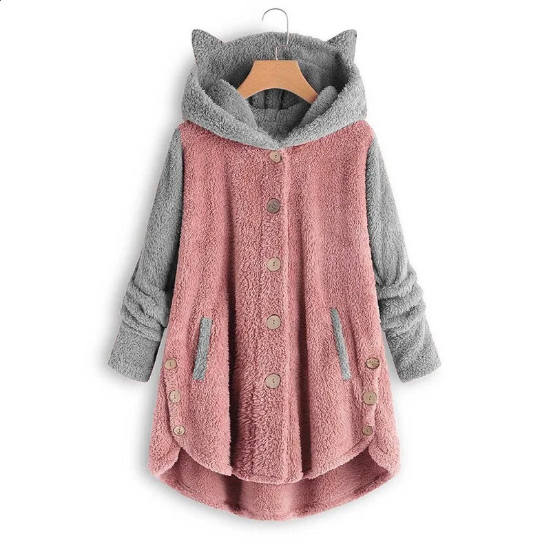 Cat Print Long Hoodies Sweatshirt Women Fleece Warm Button Pocket Pullovers Cat Ear Plus Size Hoodie Top Blouse Sweat Femme 240813