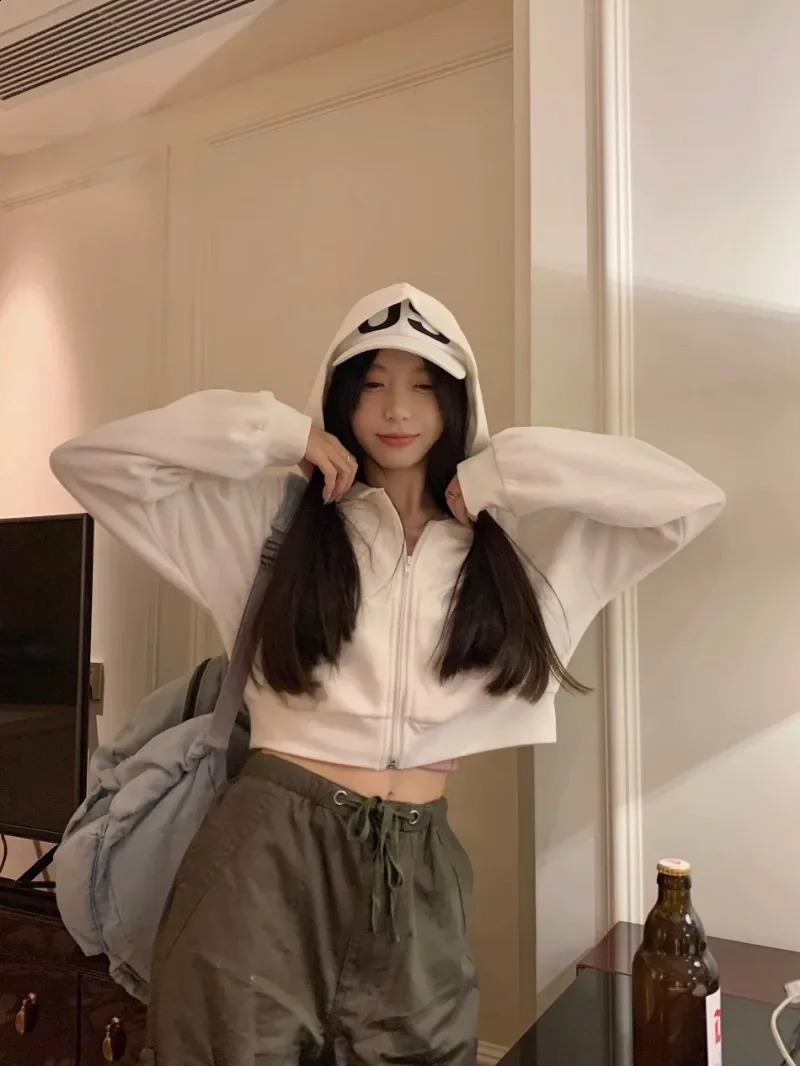 Hooded Sweatshirts Coats Women High Waist Crop Tops Solid Sudaderas Hip Hop Y2k Long Sleeve Korean Casual Zipper Pink Loose 240812