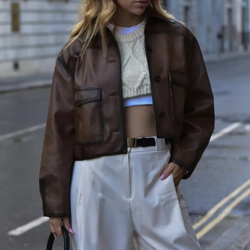 American Retro Women Vintage Gradient Brown PU Leather Jacket Full Sleeve Single-breasted Button Coat Loose Short Outerwear 240813