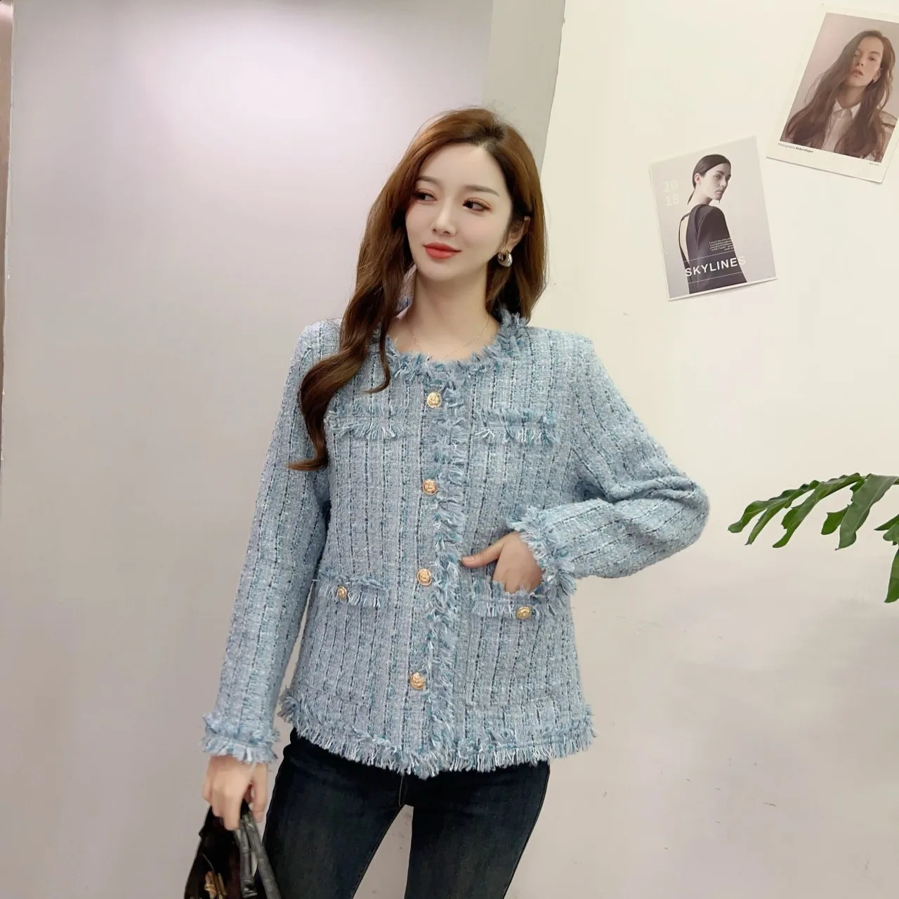Women Elegant Long Sleeve Open Front Round Neck Fringed Plaid Tweed Jacket Korean Style Fashion Streetwear Mori Girl Coat 240812