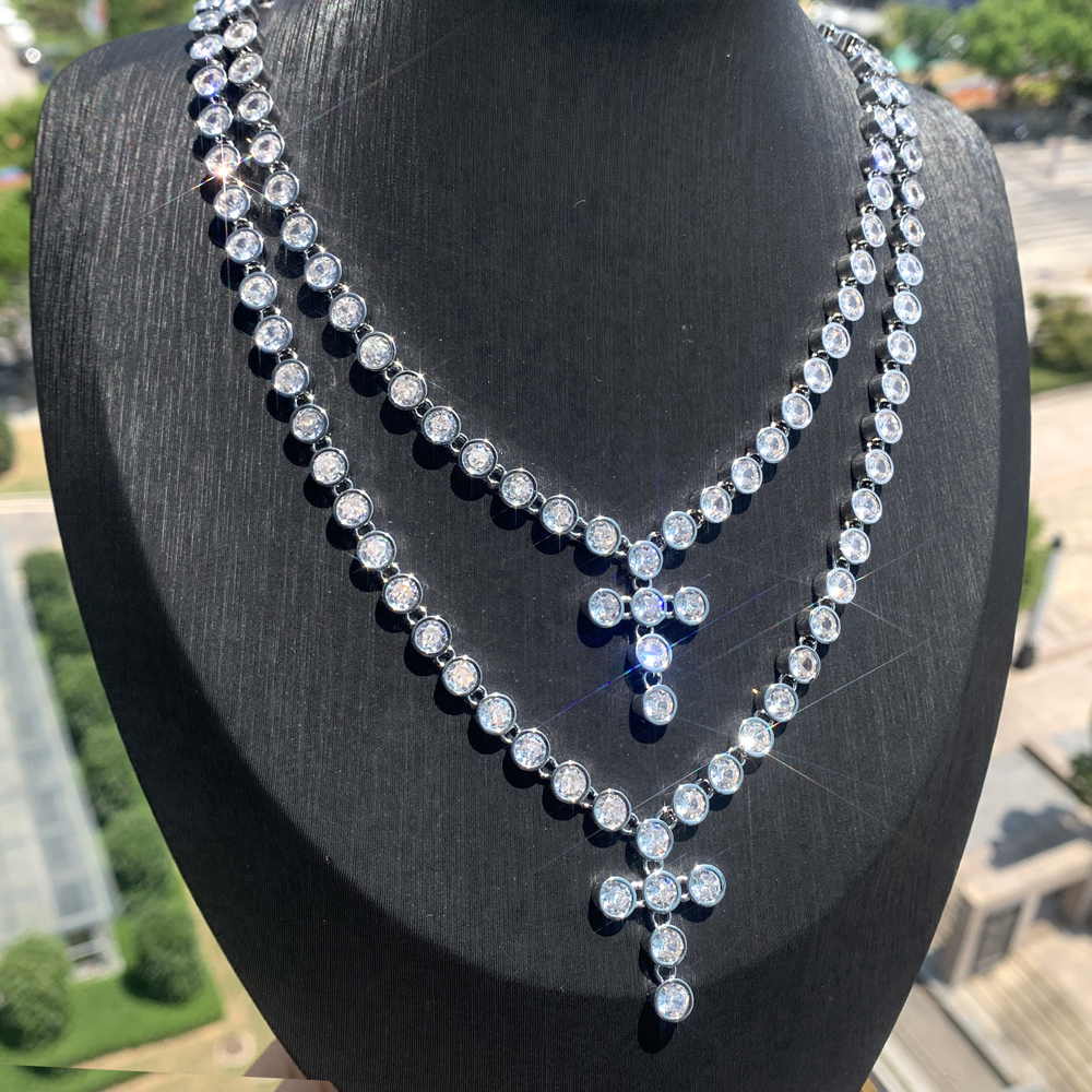 Geometric Zirconia Tennis Chain: Iced-Out 5A CZ Cross Pendant Necklace