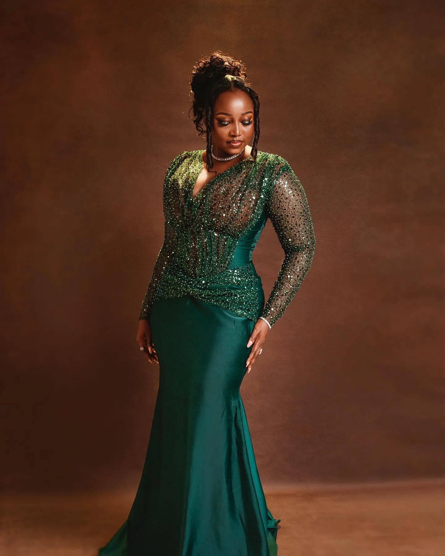 Green Aso Ebi Mermaid V-neck Long Sleeves Sequins Arabic Prom Dresses Formal Party Second Reception Birthday Engagement Evening Gowns Dresses Robe De 