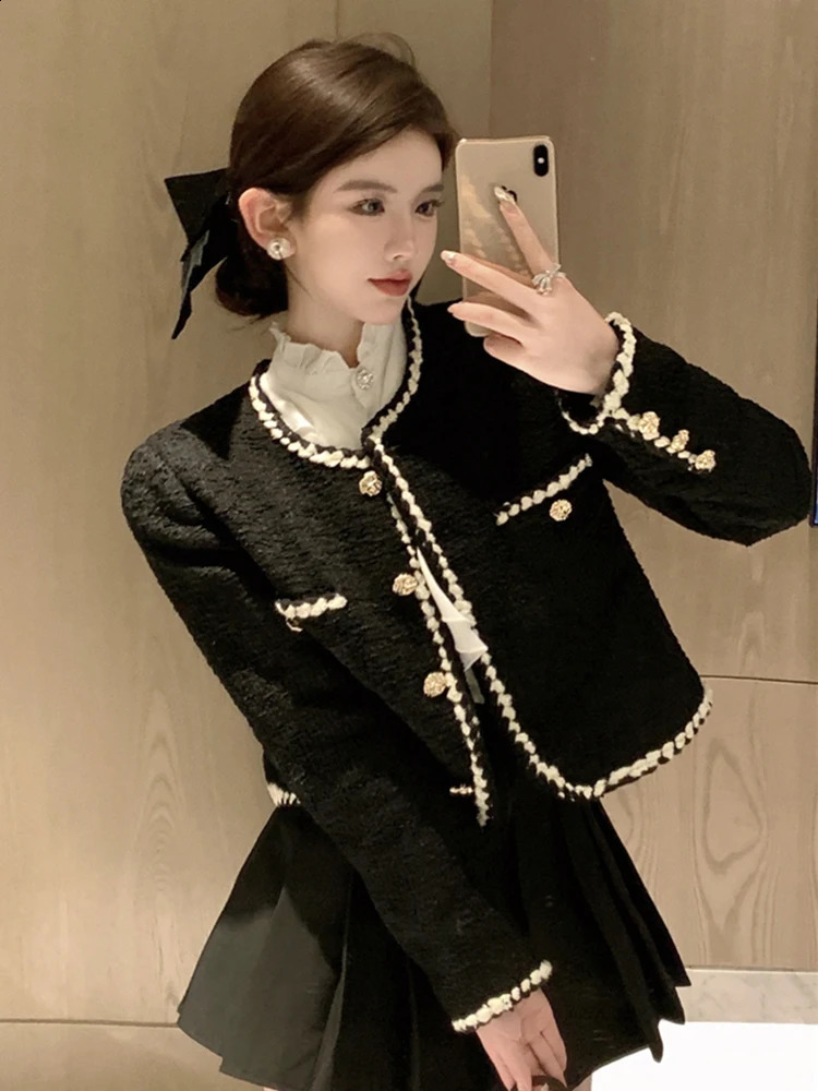 Zoki Japan Sweet Women Tweed Jacket Elegant Buttons Cropped Coat Casual O Neck All Match Female Long Sleeve Vintage Outwear 240812
