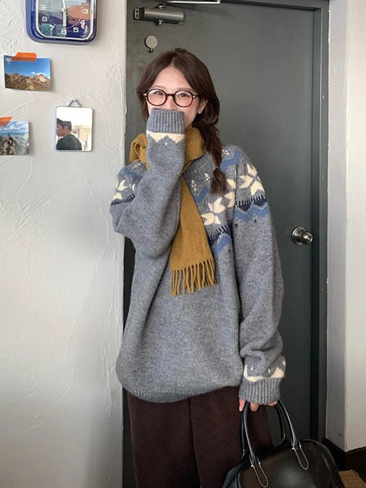 Jmprs Vintage Harajuku Print Sweater Women Japan Preppy Style Knitted Jumper Lazy Wind Loose Long Sleeve Retro O Neck Tops 240812