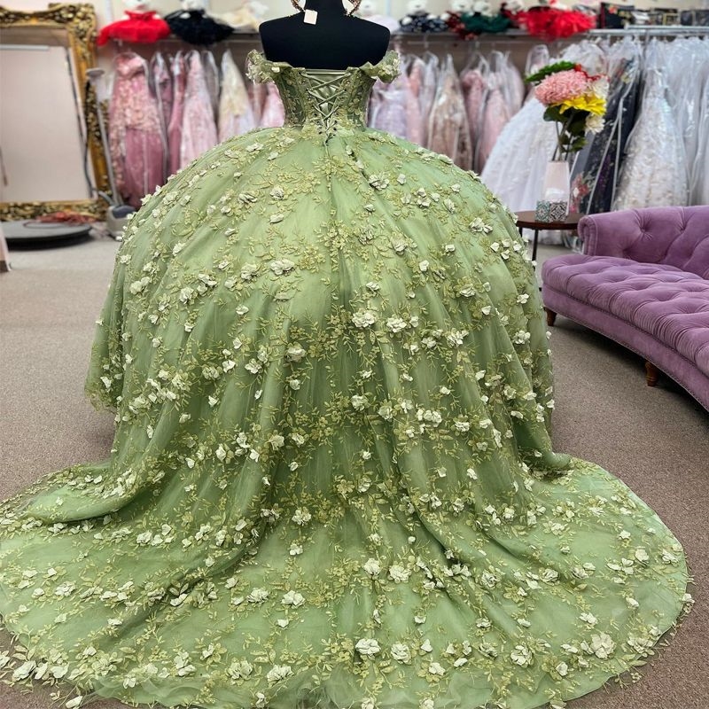 Sage Green Shiny Princess Quinceanera Dresses Ball Gown 2024 3D wer Applique Lace Tull Sweet 16 Dress Vestidos De 15 Anos