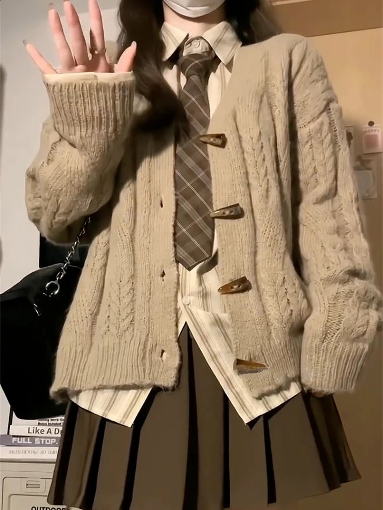 Japanese Preppy Style Coffee Knitted Sweater Women Loose Long Sleeve Button Thick Cardigan Winter Casual Vintage Warm Tops Coat 240812