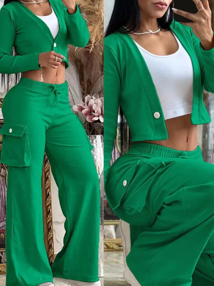 Casual Autumn Women Sets Solid Color Long Sleeve High Waisted Cardigan Top Elastic Waist Pocket Pants Two-piece Set 240813