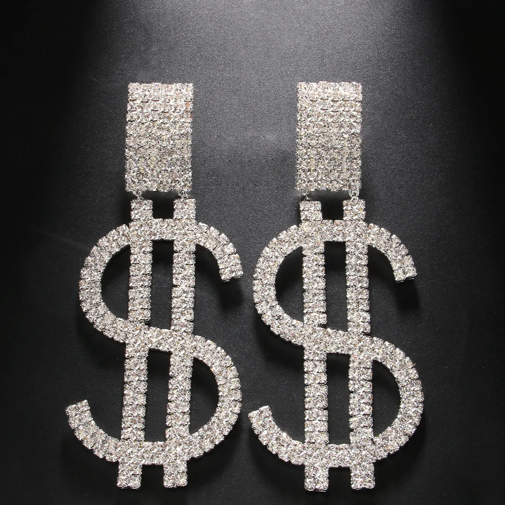 Novelly Rhinestone Super Large Dollar Icon Pendant Earrings for Girls Crystal Geometry Statement Pendant Earring Accessories 240810