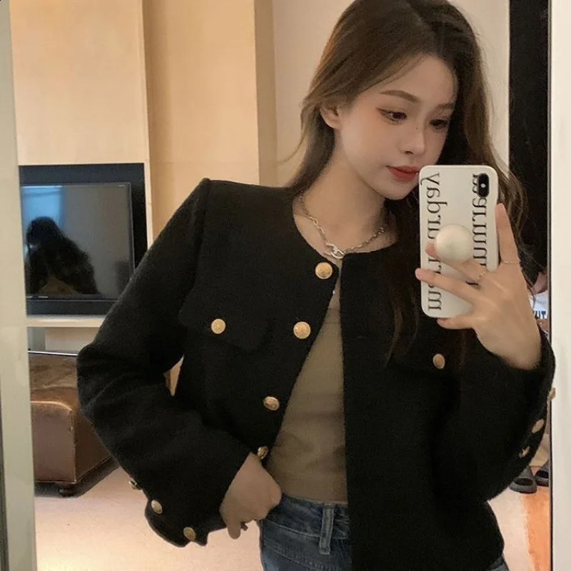Deeptown Cropped Tweed Jacket Womens Retro Aesthetics Korean Fashion Harajuku Elegant Autumn Winter Cardigan 240813