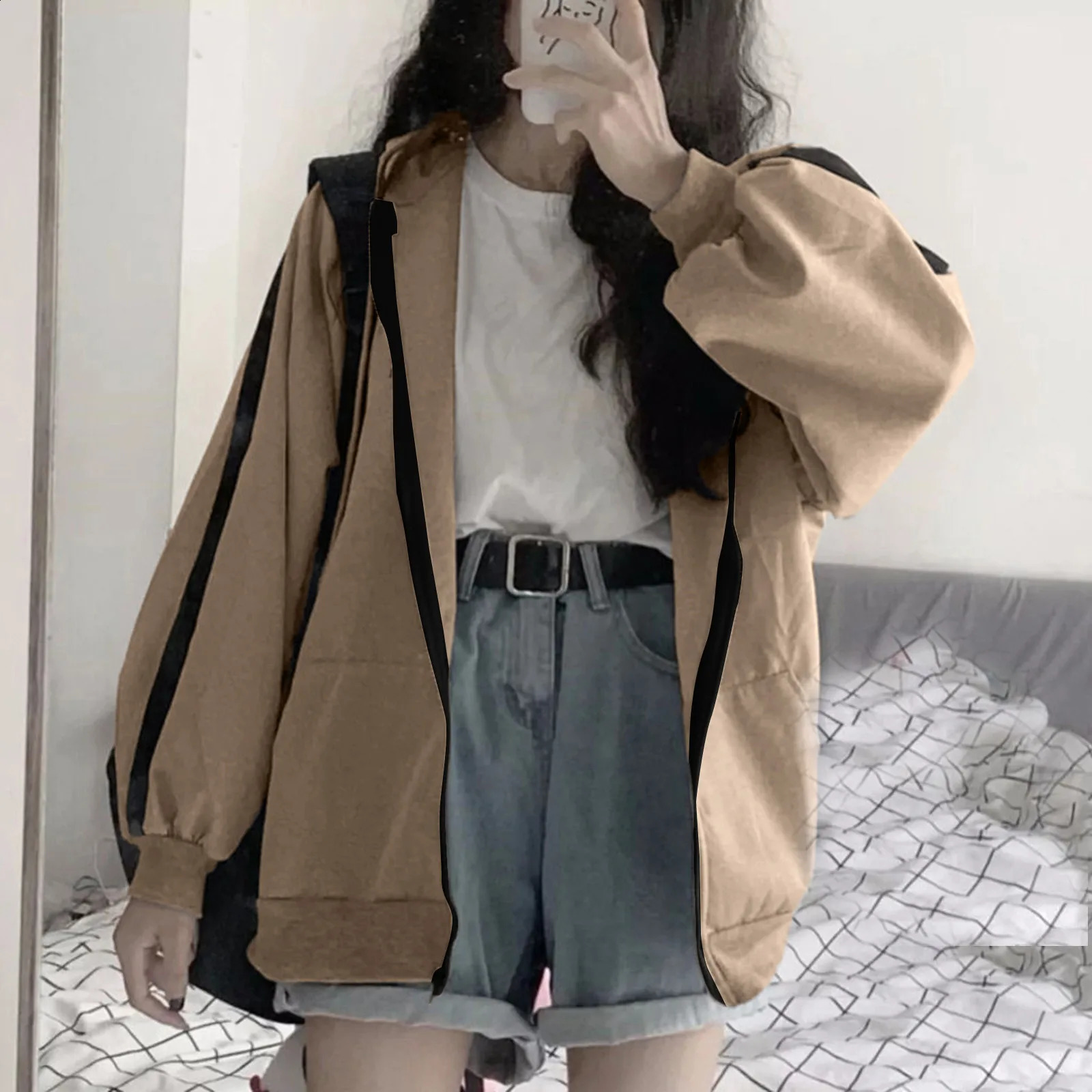 Harajuku Women Sweatshirts Korean Version Oversized Solid Zip Up Hoodies Jacket Retro Long Sleeve Fleece Hooded Sweatshirt Coats 240812