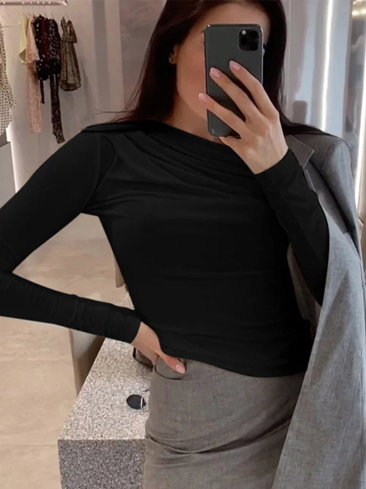 Long sleeved top white womens basic crop autumn polover solid color round neck Tshirt street clothing black Y2K 240812