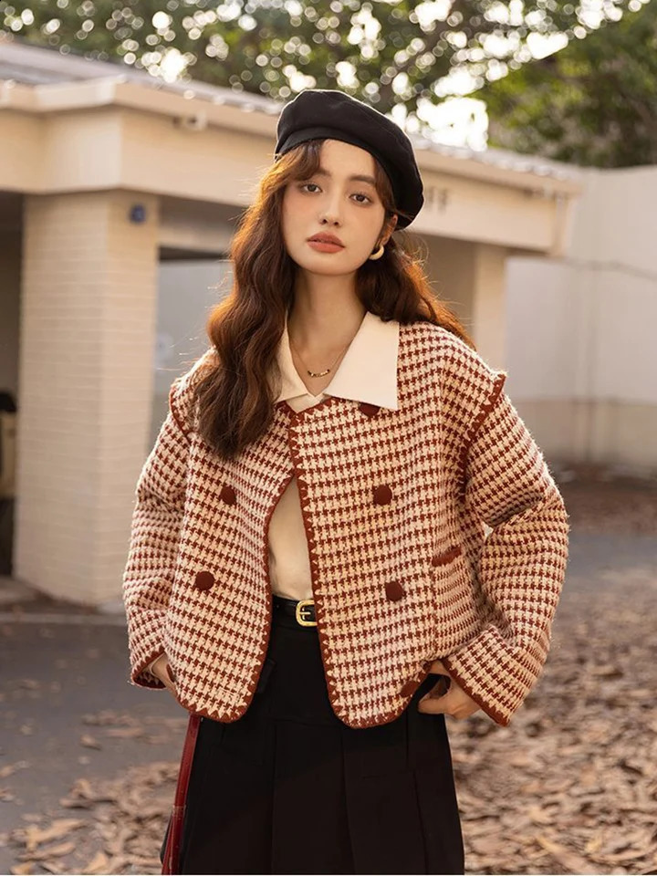 Zoki Vintage Plaid Tweed Jacket Women French Elegant O Neck Coat Casual All Match Streetwear Retro Female Long Sleeve Outwear 240812