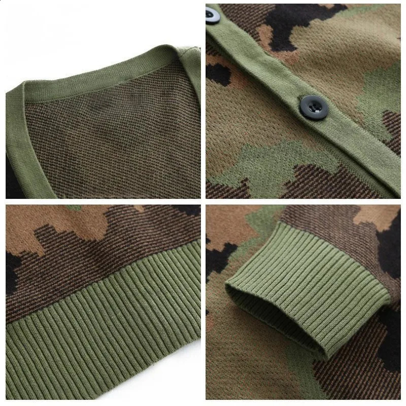 Single Breasted Cotton Camouflage Sweater Vneck Knitted Cardigan Spring Autumn Casual British Style Thin Coats Plus Size 5XL 240813