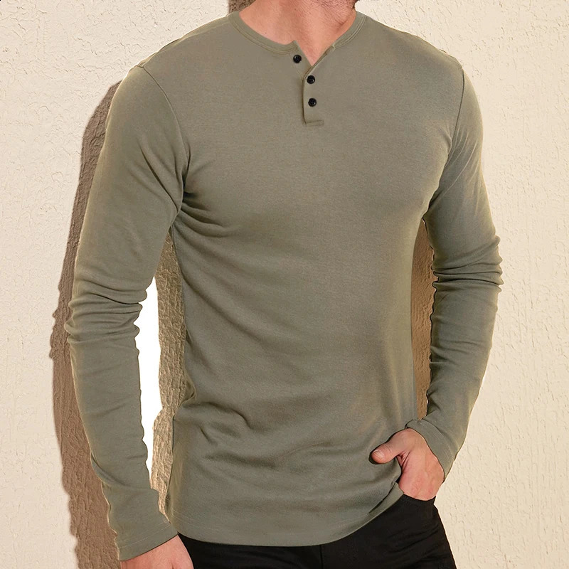 Mens Spring Autumn Solid Color Section Of Bamboo Cotton Henry Collar Long-Sleeved T-Shirt Fashion Casual Daily Loose Tops 240812