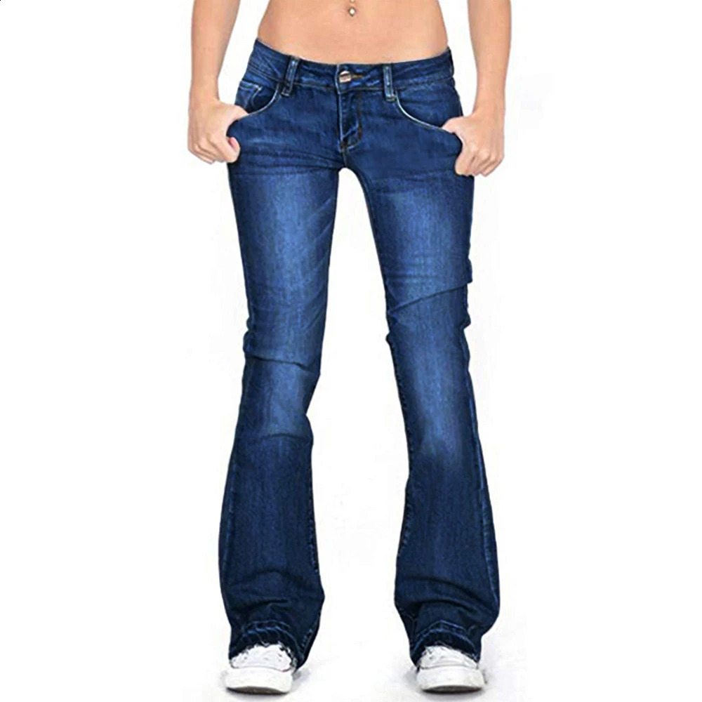 Washed Jeans Women Vintage High Street Denim Pants Solid Color Casual Pockets Slim Flared Pants Fashion Womens Wide Leg Pants 240813