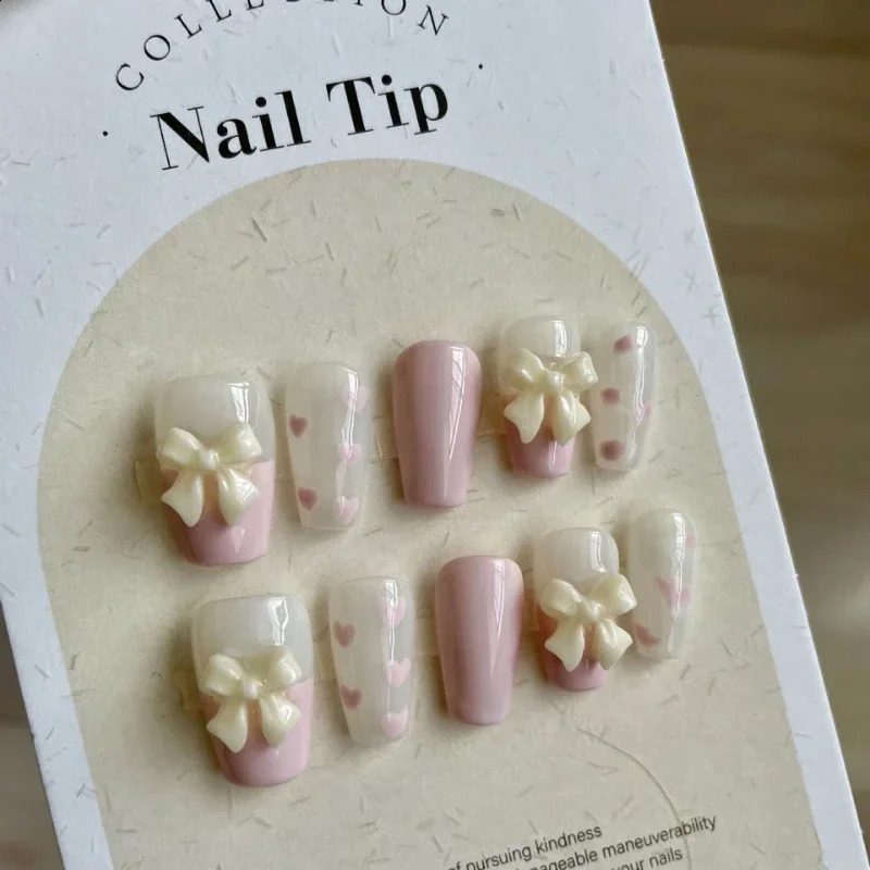 Pink Bow Handmade Wearable False Nails for Set Of Students Can Used Short T Easy Disassembly And Reuse Press On Nails Patch 240810