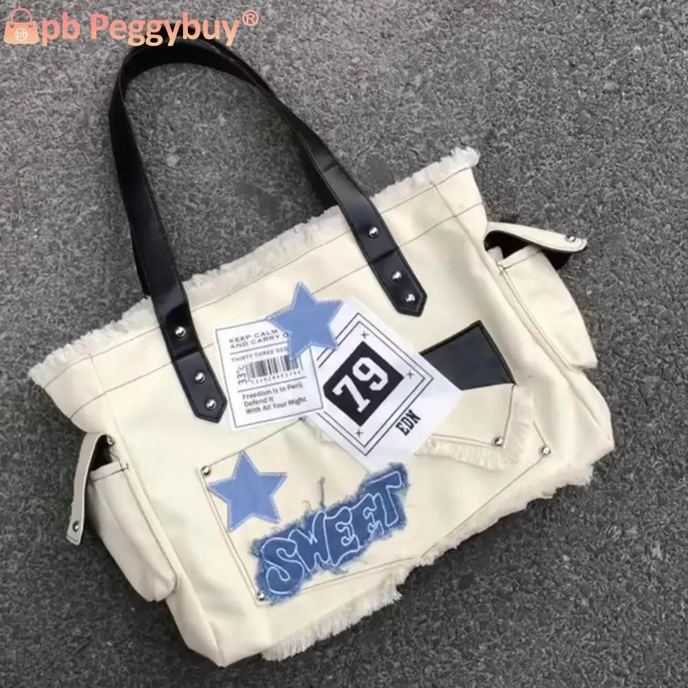 Ladies solid shoulder bag large capacity fashionable homeless with side pockets soft star handbag canvas 240813