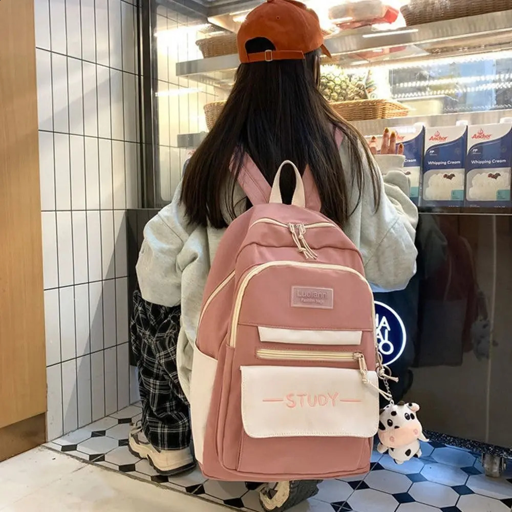 Nylon large capacity backpack for teenagers solid color women waterproof travel students 240813