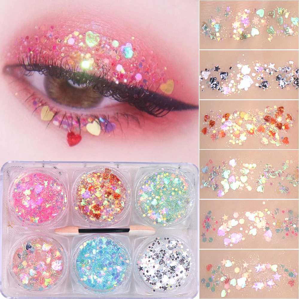 6 cans of glitter cream gel eye shadow glitter sequins star/heart/butterfly hexagonal palette sequins DIY body face glitter sequins W240812