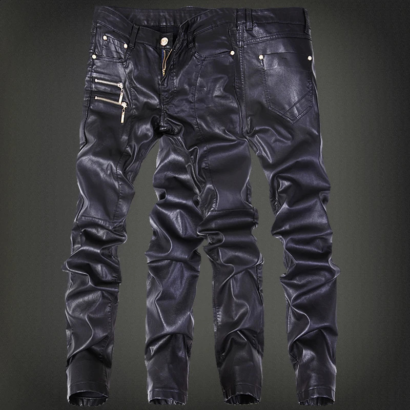 Fashion Men Leather Pants Patchwork Casual Skinny Mens Motorcycle Jeans High Quality Slim Trousers Size 2836 240812