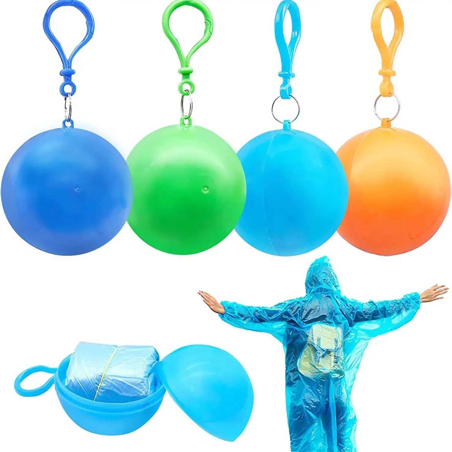 Portable Mini Raincoats Ball for Adults Kids Disposable Rain Ponchos Rainwear Cloak Rain Gear Keyring Ball with Hook Y240810
