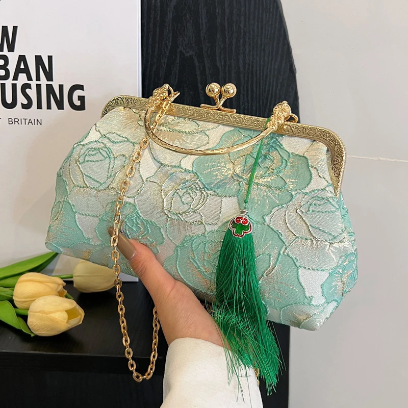 Floral print womens shoulder cross bag satin womens handbag elegant womens handbag fashionable tassel messenger clutch wallet 240812