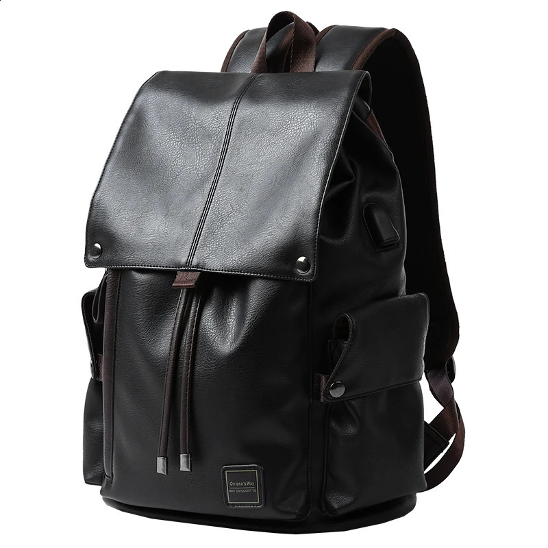 Leather Mens Backpack for College School Style Waterproof Comes with USB 156inch Large Capacity Leisure Day Bag Mochila 240813