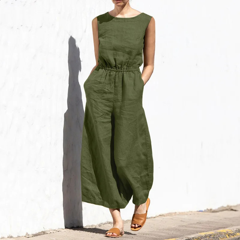 Jumpsuit Women Solid Cotton And Linen Sleeveless Pocket High Waist Wide Legs Jumpsuits Female Casual Commuting Ladies Bodysuits 240813