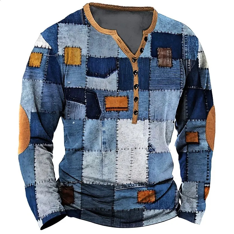 Patchwork Denim Vintage T-Shirt For Men Patchwork Grid Graphic T Shirts 3D Printing Long Sleeve Tee Oversized Man Clothing Tops 240812