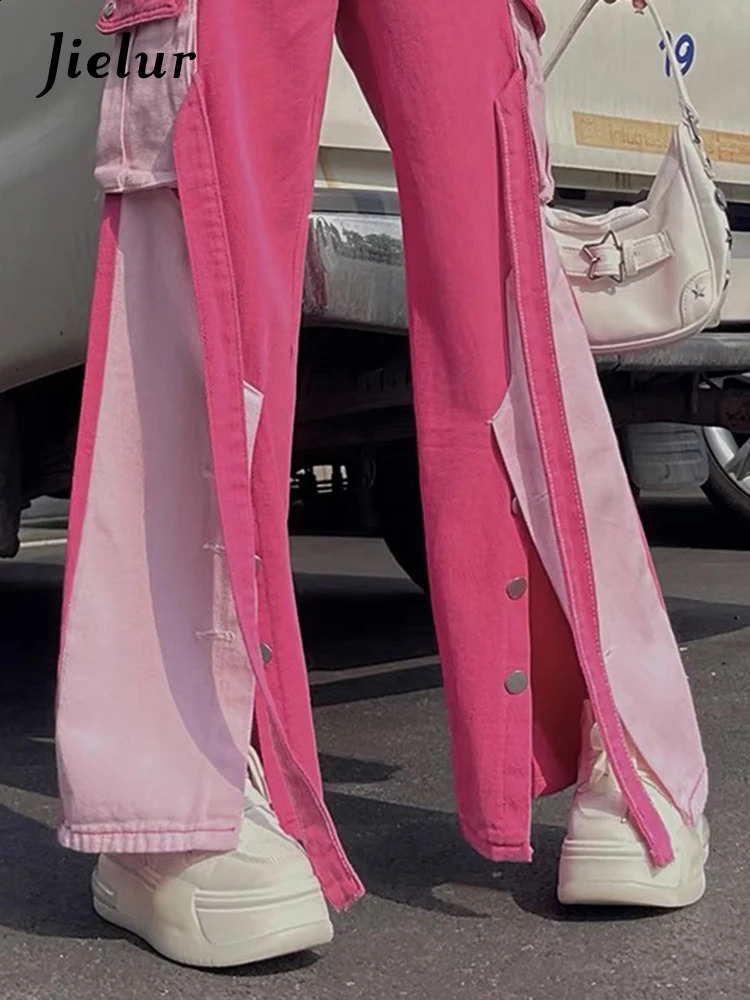 Jielur Pink Autumn Spell Color Straight Jeans High Waist Sexy Y2k Casual Fashion Streetwear Chic Loose Female Cargo Pants 240813