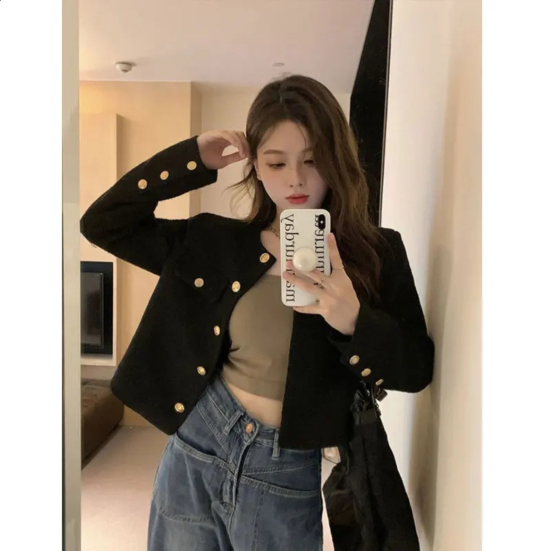 Deeptown Cropped Tweed Jacket Womens Retro Aesthetics Korean Fashion Harajuku Elegant Autumn Winter Cardigan 240813