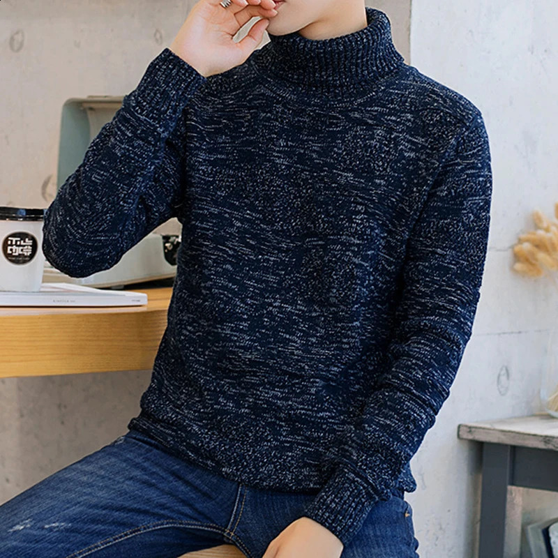 YJKVUR 100% Cotton Ribbed Knitted Turtle Neck Thick Sweater for Men Retro Winter Warm Classic Pulling Jumper 240812