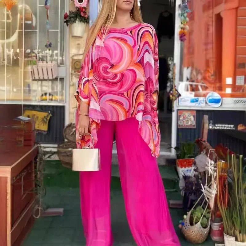 Womens Colorful Chiffon Set Two Piece Suit Summer Print Round Neck Bat Sleeves Irregular Top Wide Leg Pants Casual 2 Piece Set 240813