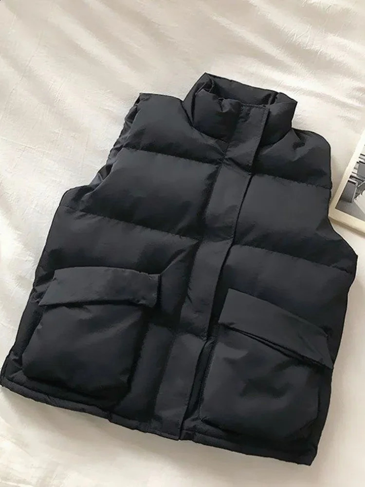 Vest for Women Winter Vest Black Short Korean Stand down Cotton Waistcoat Casual Loose Sleeveless Outwears 240813